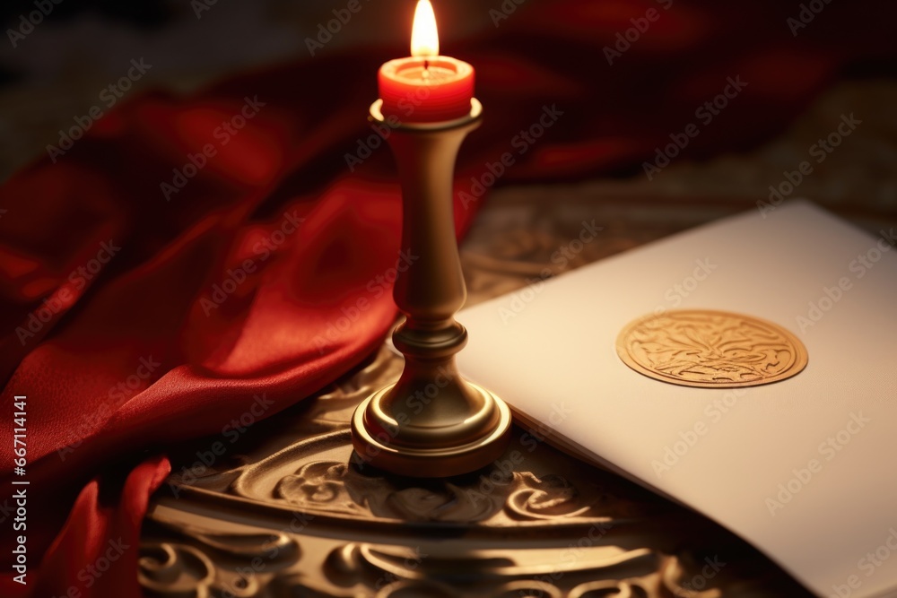 Poster a lit candle sits on top of a table next to a piece of paper. this image can be used to depict relax
