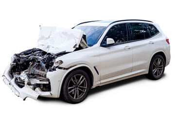 PNG Format, Full body front and side view of white car get damaged by accident on the road. damaged...