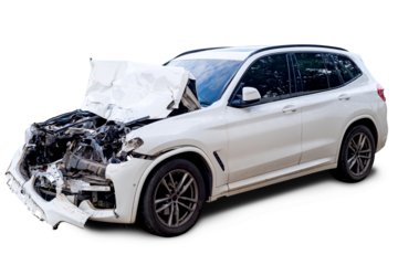 PNG Format, Full body front and side view of white car get damaged by accident on the road. damaged cars after collision. Isolated on transparent background, car crash broken