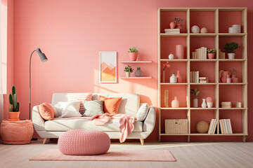 Room with coral pink walls. White bookshelves, pink geometric patterns, and coral-themed decor establish a trendy atmosphere