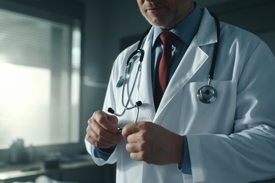 A man in a white lab coat is holding a stethoscope. This image can be used to depict healthcare, medical profession, or doctor-patient interactions