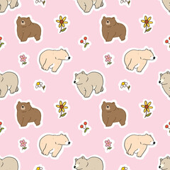 Seamless Pattern with Bear and Flower Design on Pink Background