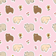 Naklejka premium Seamless Pattern with Bear and Flower Design on Pink Background