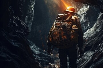 A man is seen walking through a cave, carrying a backpack. This image can be used to depict adventure, exploration, hiking, or spelunking