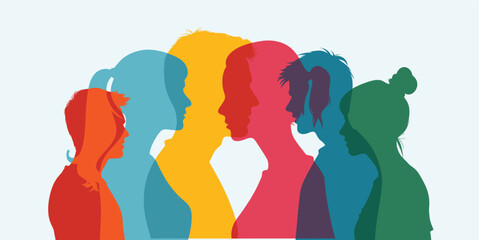 Group diversity silhouette multiethnic people from the side. Community of colleagues or collaborators. Concept of bargain agreement or pact. Collaborators. Co-workers. Harmony. Banner  - obrazy, fototapety, plakaty