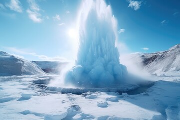 A geyser surrounded by a snowy landscape. Perfect for travel brochures or winter-themed designs - obrazy, fototapety, plakaty