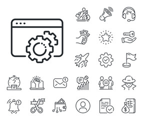 Web settings sign. Salaryman, gender equality and alert bell outline icons. Seo gear line icon. Traffic management symbol. Seo gear line sign. Spy or profile placeholder icon. Vector