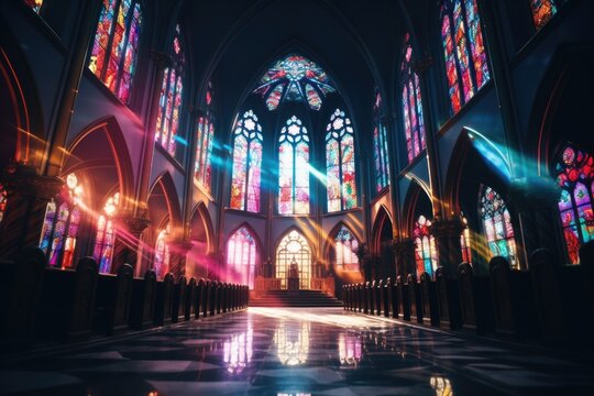 A picture showcasing a church filled with numerous vibrant stained glass windows. 