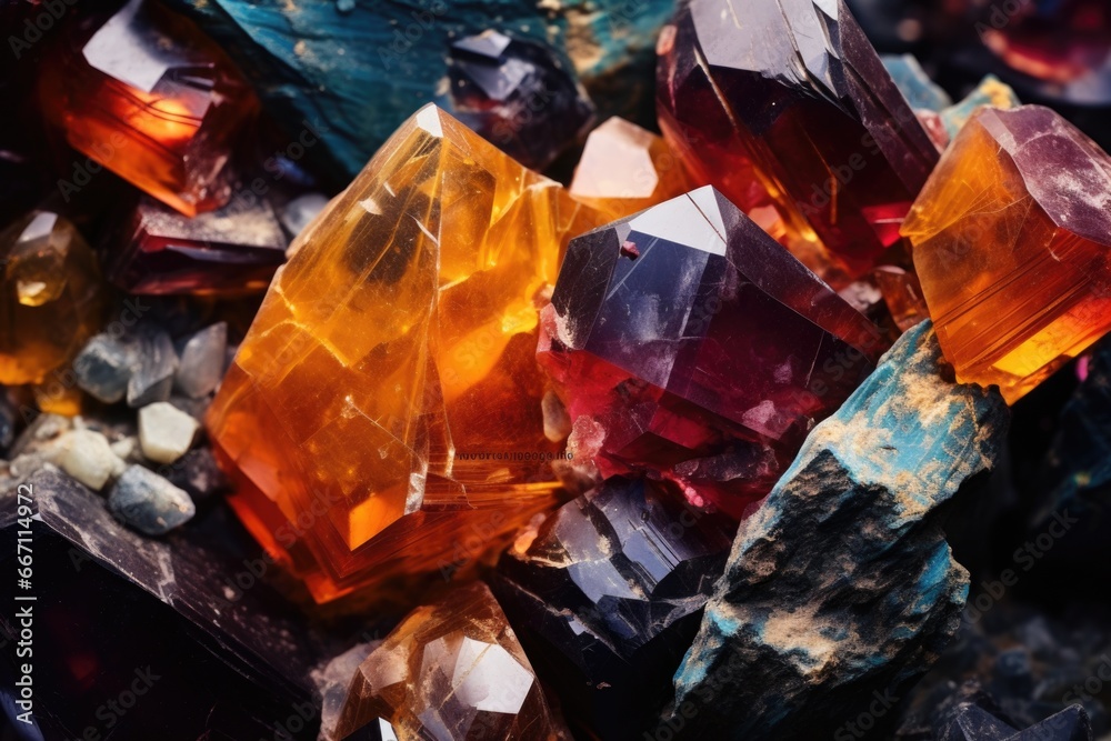 Poster A vibrant stack of assorted crystals, creating a mesmerizing display. Perfect for adding a touch of color and elegance to any project or design