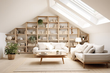 Attic floor with Scandinavian simplicity. Neutral tones, plants, bookshelves