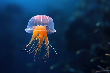 Orange bell jellyfish in dark ocean - Powered by Adobe