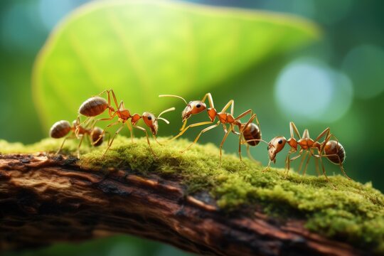 A group of ants walking across a branch covered in moss. This image can be used to depict teamwork, nature, insects, or small creatures in their natural habitat