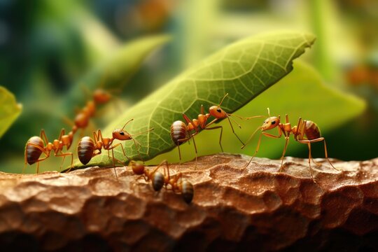 A group of ants walking on top of a leaf. This image can be used to depict teamwork, nature, insects, or the concept of a small world