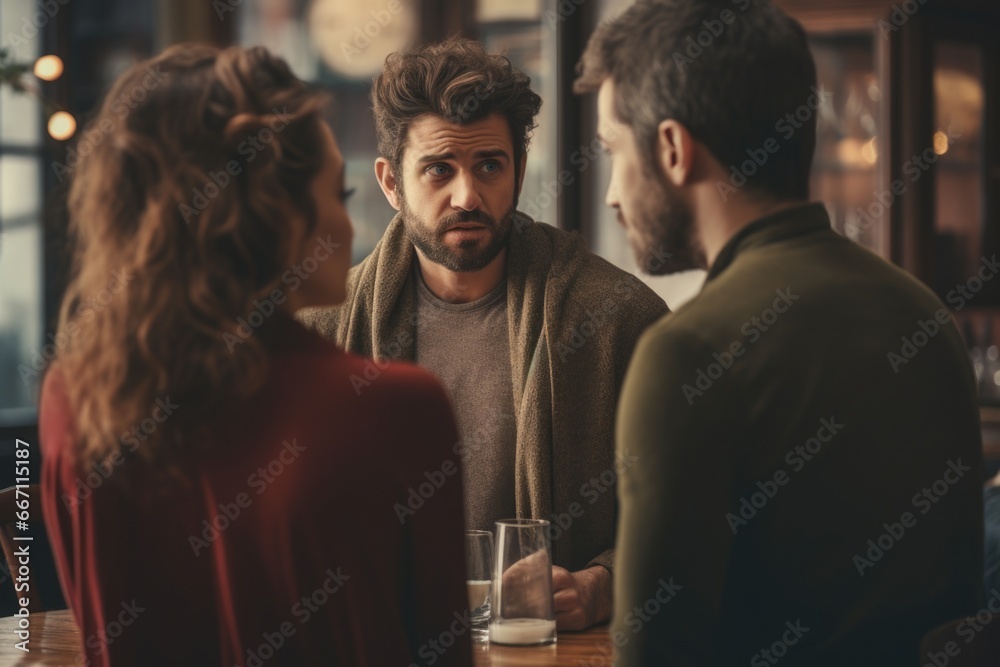 Poster a group of people engaged in conversation around a table. this image can be used to depict teamwork,