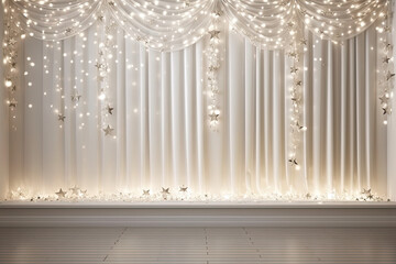 White draped wall mock up with copy space decorated in Christmas style with illumination
