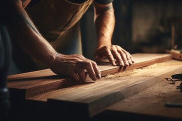 A man is seen working on a piece of wood. This image can be used to depict craftsmanship, woodworking, or DIY projects