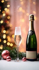 Amazing Shot of a Champagne Bottle and a Wine Glass. Happy New Year Event! Blurred particles in the Background Glowing. 1st January is coming...