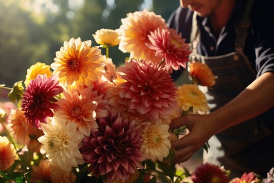 A close-up view of a person holding a colorful bunch of flowers. This image can be used for various purposes such as gift-giving, celebrations, or to convey love and appreciation