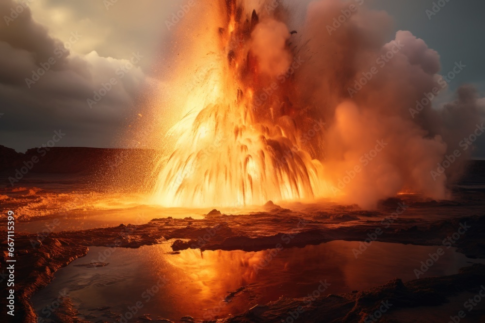 Poster an explosive moment captured as lava and water collide, creating a dramatic display of power and bea