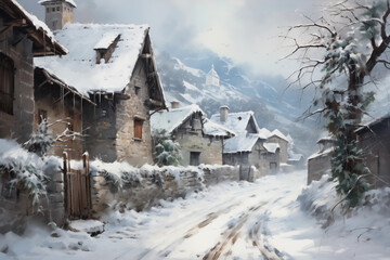 Village in the mountains in winter. Oil painting illustration