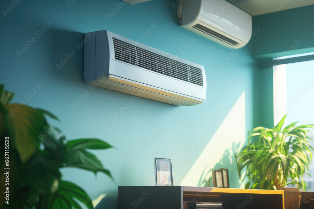 Poster an image showcasing a wall-mounted air conditioner in a room. this picture can be used to depict a c