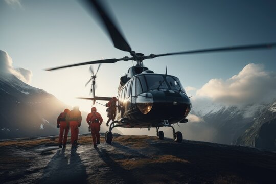 A picture of two people standing in front of a helicopter. This image can be used to depict travel, adventure, aviation, or transportation.