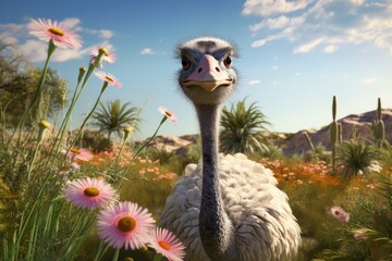An ostrich standing in a field of vibrant flowers. This image can be used to represent nature, wildlife, or the beauty of the outdoors - obrazy, fototapety, plakaty