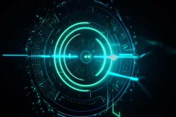 Glowing cyber target circle with glowing center and arrow in it generative ai