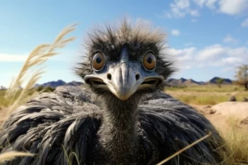 Tuinposter A close-up photograph of an ostrich in a field. This image can be used to depict wildlife, nature, or animal themes. © Fotograf