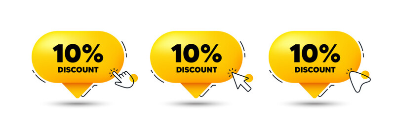 10 percent discount tag. Click here buttons. Sale offer price sign. Special offer symbol. Discount speech bubble chat message. Talk box infographics. Vector