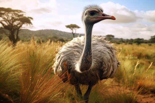 An ostrich standing in a field of tall grass. This picture can be used to depict wildlife, nature, or African savannah themes