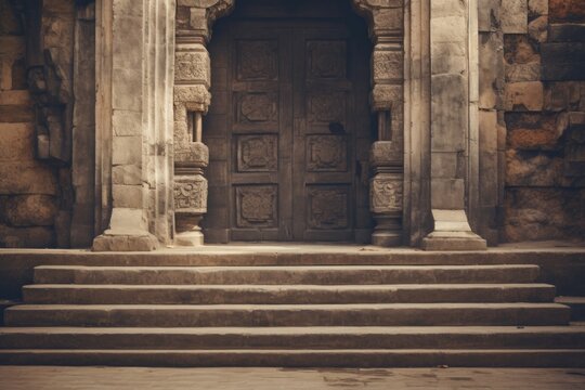 A picture of a door and steps leading to a stone building. This image can be used to depict a historical site, an architectural masterpiece, or a mysterious entrance