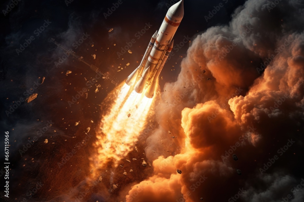 Poster a powerful rocket taking off into the sky, leaving behind a trail of smoke. perfect for illustrating