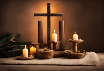 a little christian shrine with a cross and candles - obrazy, fototapety, plakaty