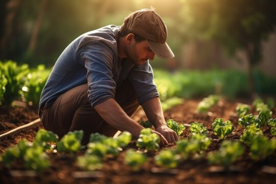 A man is kneeling down in a lush field of lettuce. This image can be used to depict agriculture, farming, organic produce, or healthy eating