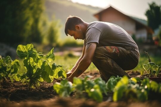 A man kneeling down in a garden, carefully picking lettuce. This image can be used to illustrate gardening, healthy eating, or sustainable living