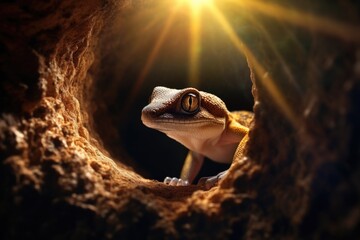 A curious geckole can be seen peeking out of a hole in a tree. This image captures the natural...