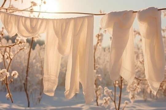A picture of clothes hanging on a clothes line in the snow. This image can be used to depict winter, laundry, household chores, or a snowy day