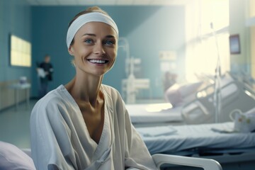 A woman is pictured sitting in a hospital bed. This image can be used to depict a hospital scene or to illustrate concepts related to healthcare and medical treatment