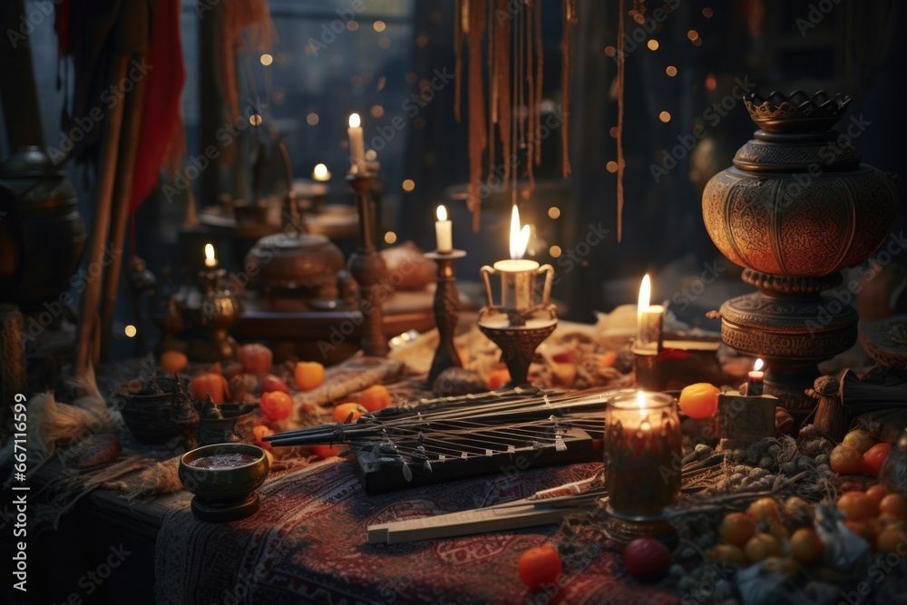 Poster A table adorned with candles and various decorative items. Perfect for creating a cozy and warm atmosphere. Ideal for home decor, event planning, and festive occasions