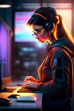 A nerdy girl is programming at a computer in a room full of gadgets, dramatic lighting, highly detailed, incredible quality, 2d, cartoon