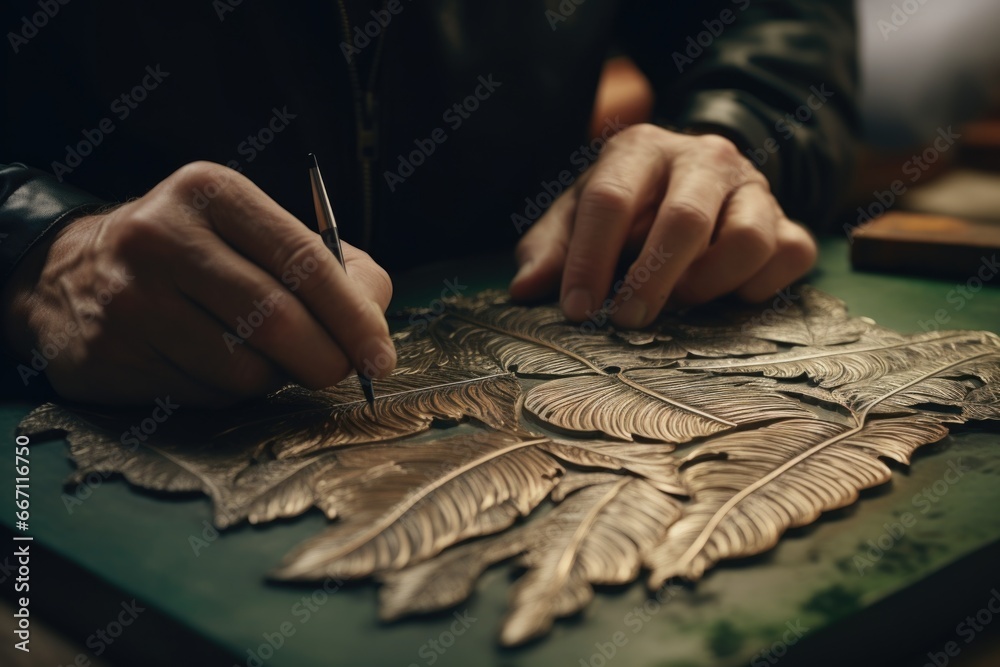 Poster A detailed view of a person actively engaged in creating artwork. This image can be used to depict creativity, passion, and dedication in various contexts