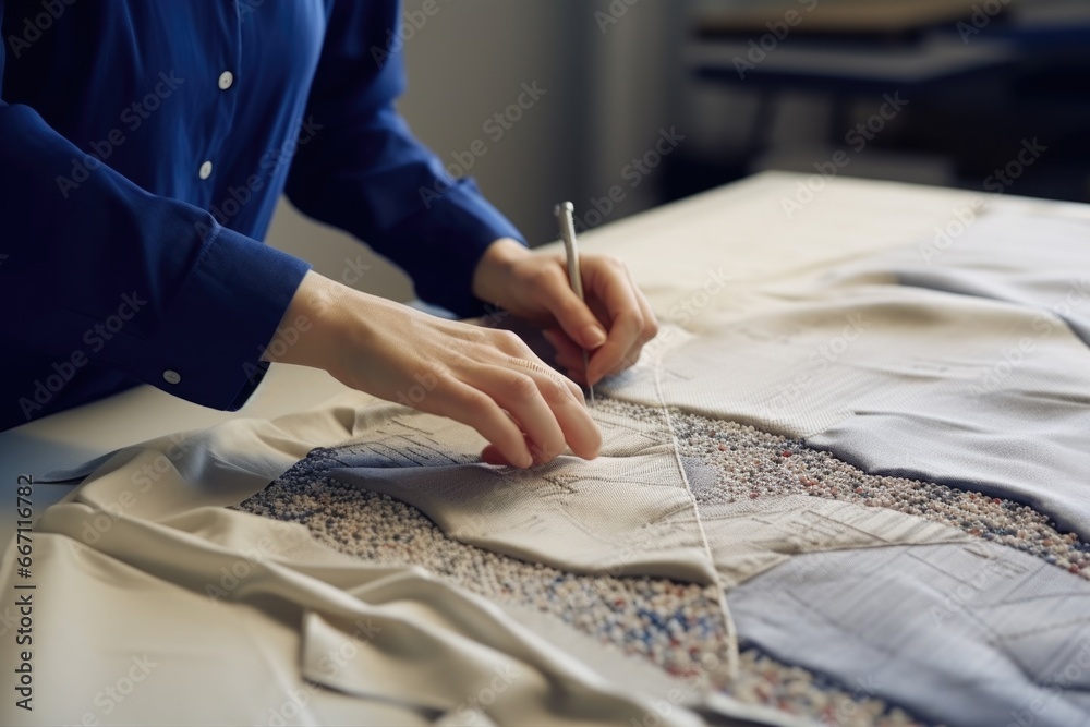 Poster a person can be seen working on a piece of cloth. this image can be used for various purposes such a