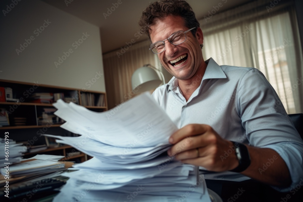 Poster a man can be seen laughing while holding a stack of papers. this image can be used to depict joy, hu