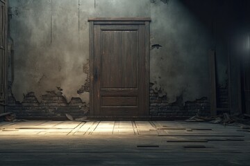 A picture of a room with a door and a brick wall. This image can be used to represent concepts such as confinement, mystery, escape, or hidden opportunities