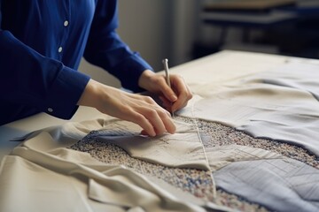 A person can be seen working on a piece of cloth. This image can be used for various purposes such as sewing, crafting, or textile design - obrazy, fototapety, plakaty