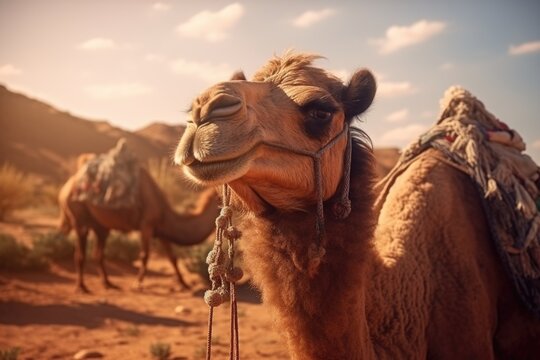 A picture of a camel with a saddle in the desert. This image can be used to depict desert adventures or camel riding experiences