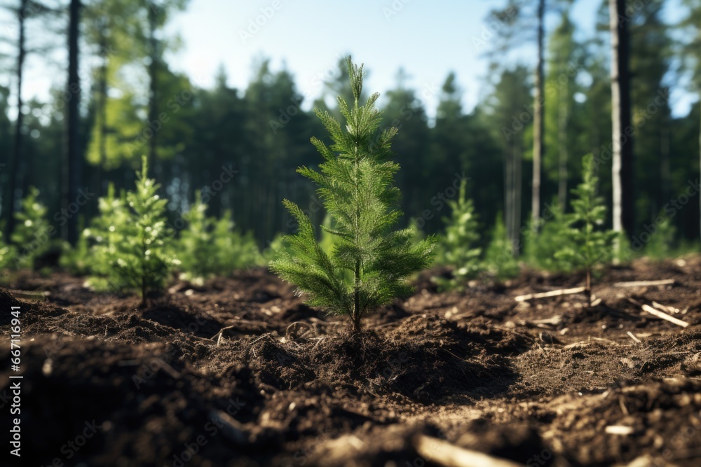 Poster a small pine tree growing in the middle of a forest. this image can be used to depict the beauty of 