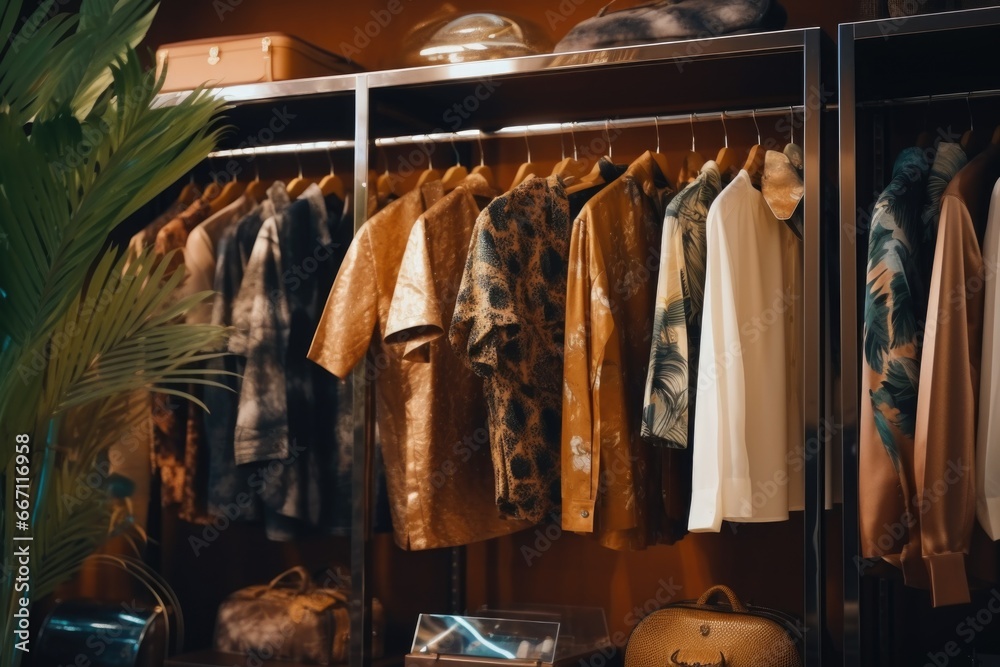 Poster a closet filled with a wide variety of clothes next to a vibrant potted plant. perfect for showcasin