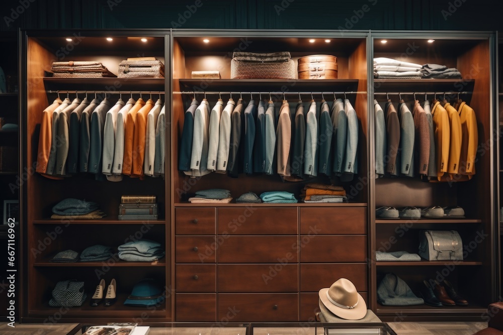 Poster a closet filled with a variety of clothes and a hat. this versatile image can be used to depict fash